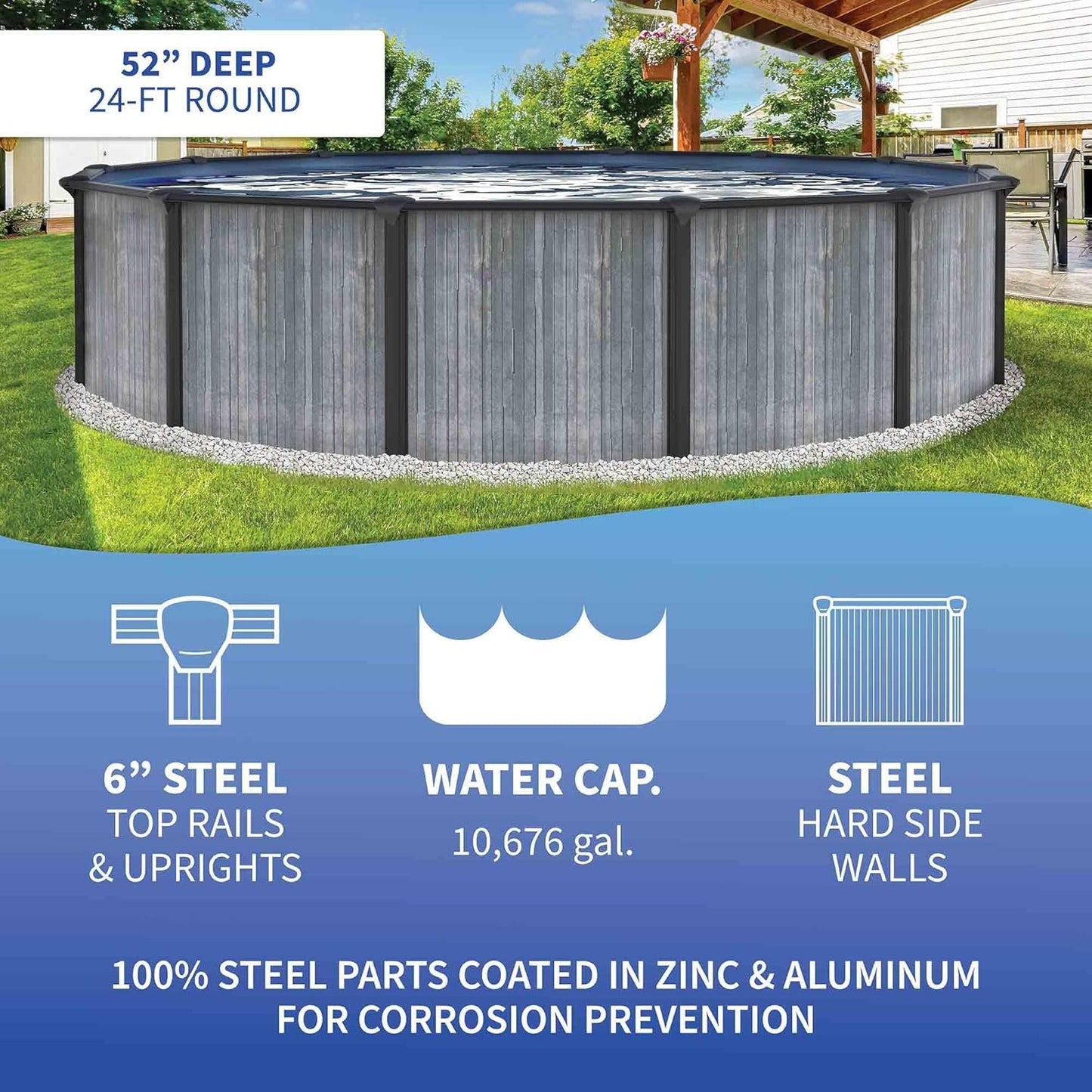 Blue Wave San Pedro 24-ft Round 52-in Deep 6-in Top Rail Above Ground Steel Wall Swimming Pool