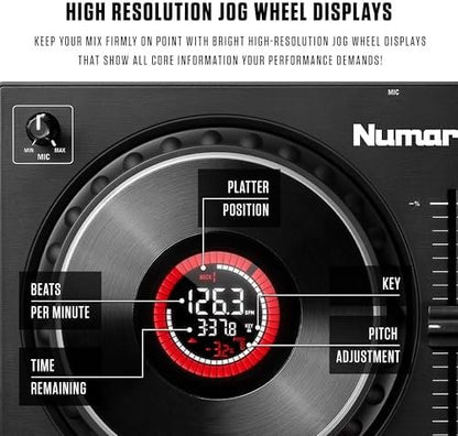 Numark Mixtrack Platinum FX Serato DJ Controller with Jog Wheel Displays, 4 Decks, Mixer, Effects Paddles and (Audio Interface)